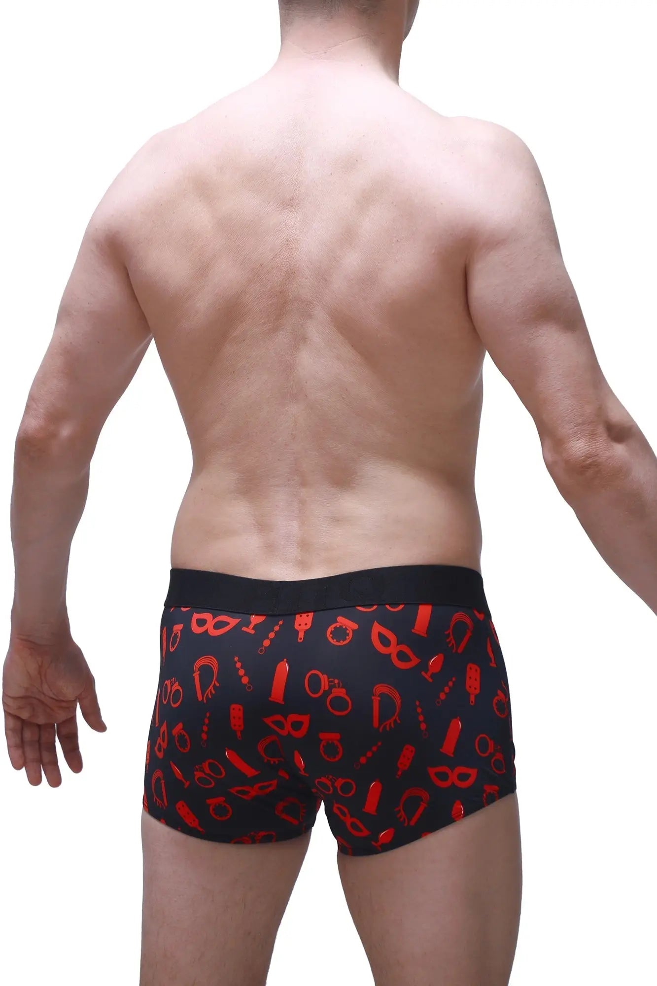 Black boxer olloix boudoir briefs with bold red erotic symbol pattern in soft breathable fabric