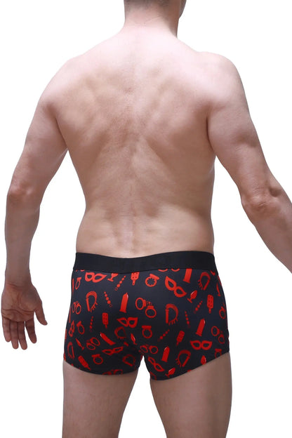 Black boxer olloix boudoir briefs with bold red erotic symbol pattern in soft breathable fabric