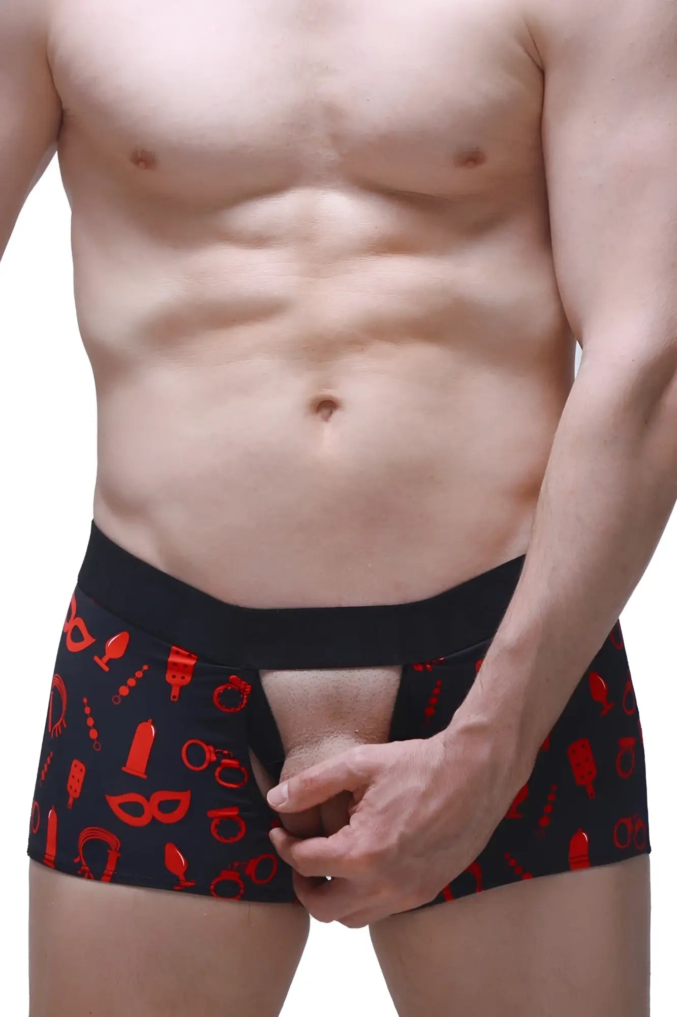Black boxer olloix boudoir briefs with red erotic-themed graphics designed for bold intimate wear