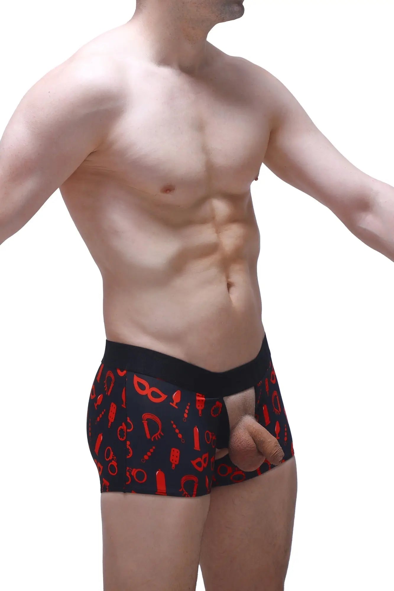 Black boxer briefs olloix boudoir with red erotic symbol pattern designed for comfortable everyday wear