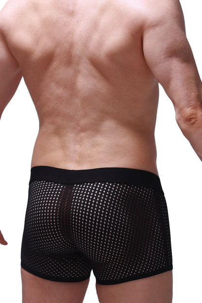 Black mesh boxer briefs with solid black waistband from boxer olloix durtol for breathable comfort