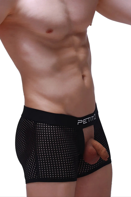 Black mesh boxer briefs with solid black waistband featuring petitto brand name in white lettering model olloix durtol black