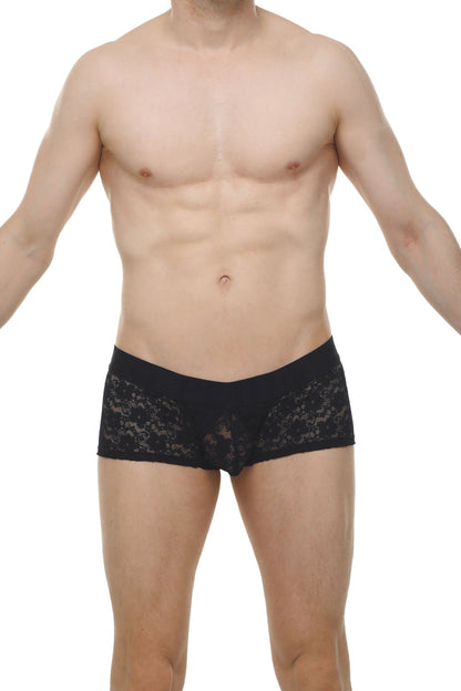 Black lace-trimmed men’s boxer briefs with sheer patterned design in black for stylish intimate wear