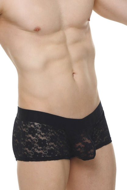 Black lace briefs boxer algun lace black with sheer floral pattern and solid black waistband front view