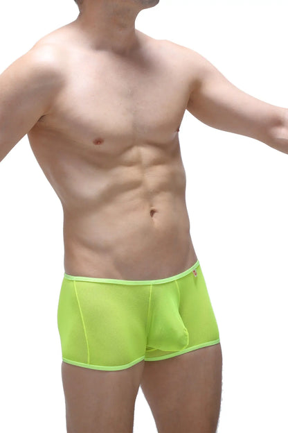 Bright neon yellow boxer open net briefs with snug form-fitting design in breathable mesh material