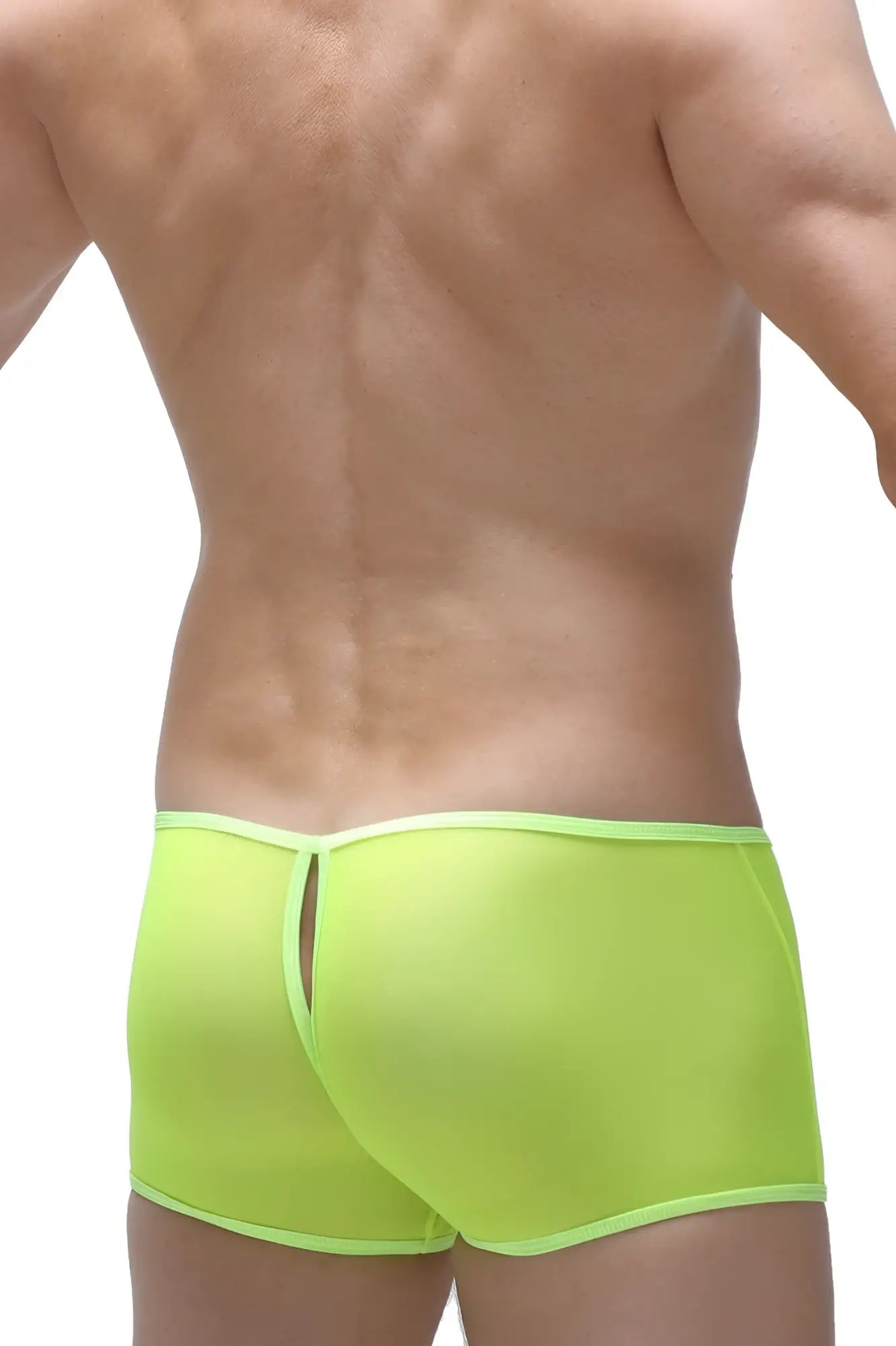 Boxer open net neon yellow bright neon green mesh briefs with matching waistband and back slit shown from the back side