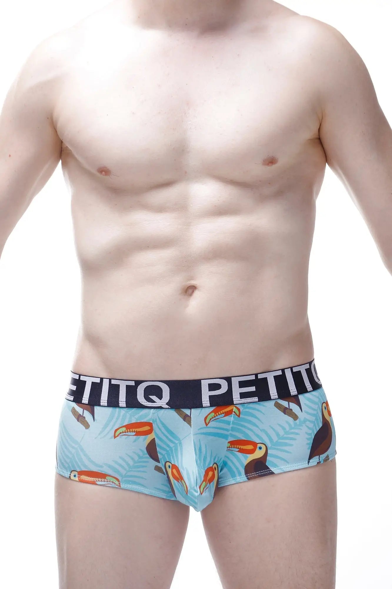 Light blue men’s boxer briefs with vibrant toucan and tropical leaf pattern and black petitq waistband