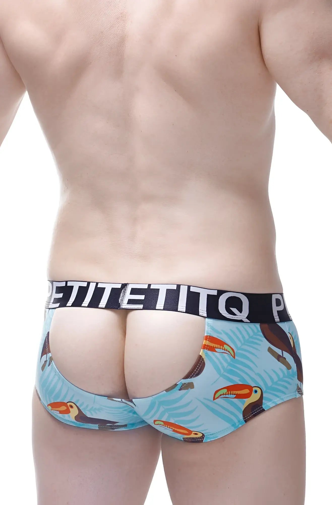 Light blue boxer open toucan briefs with toucan and palm leaf pattern and black waistband with white lettering