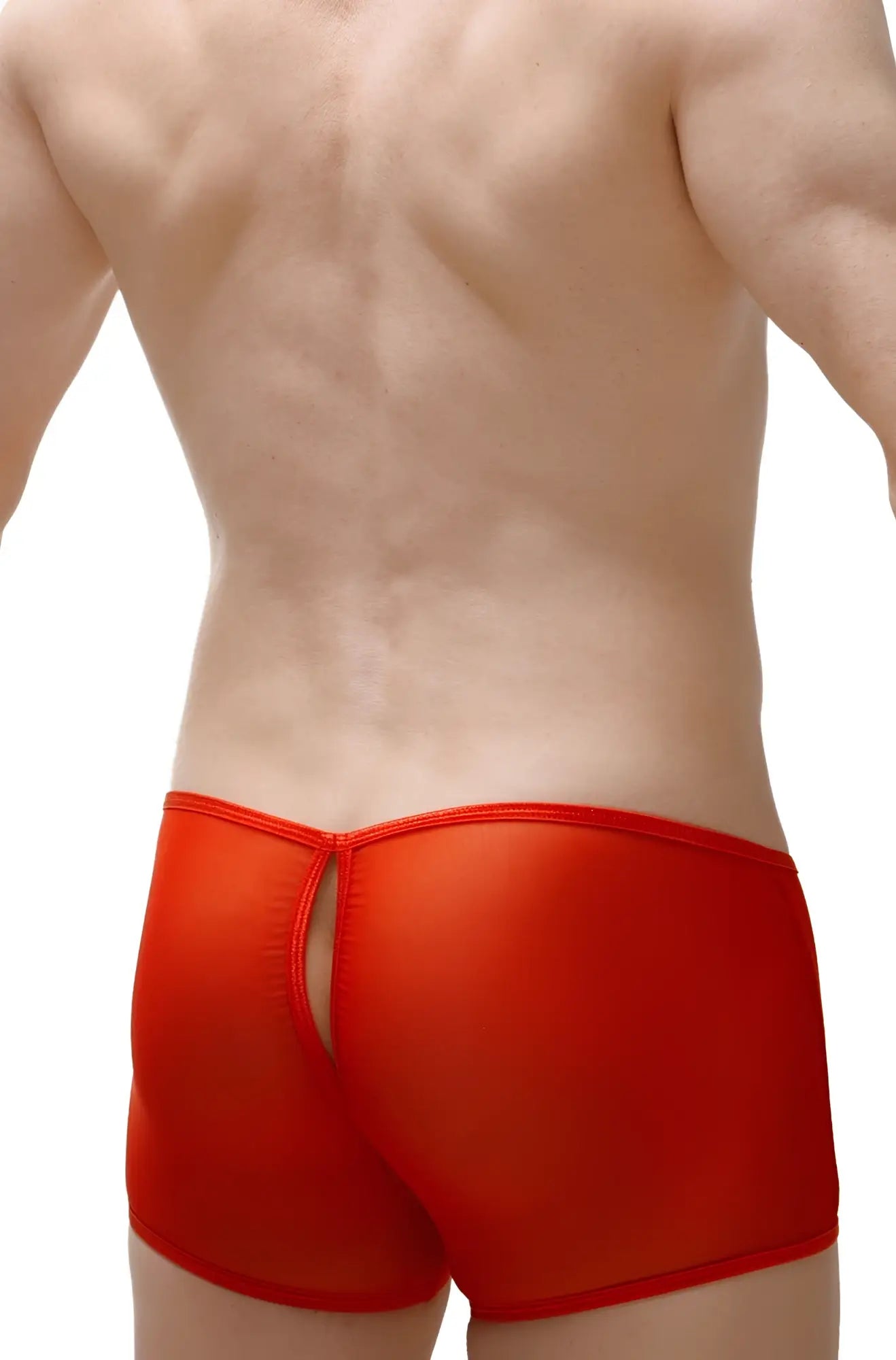 Bright red boxer ougreen net red boxer briefs shown from the back with a central back slit and form-fitting design