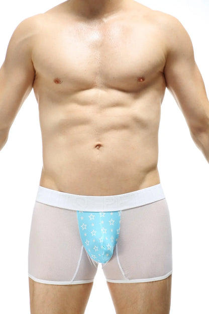 Light blue mesh boxer percey stars briefs with star pattern white waistband and trim