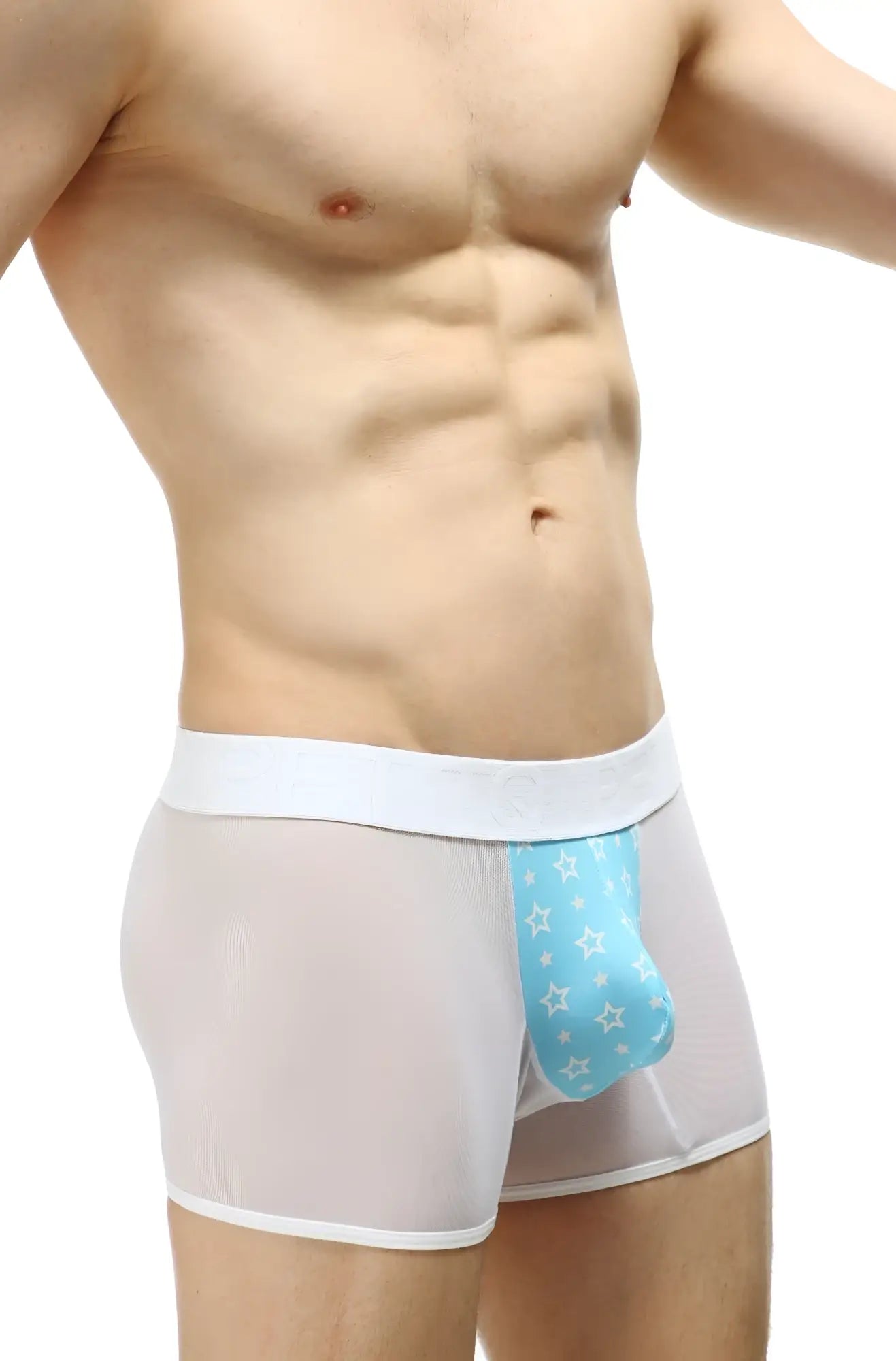 Light gray mesh boxer briefs with white waistband and light blue star-patterned pouch boxer Percey Stars