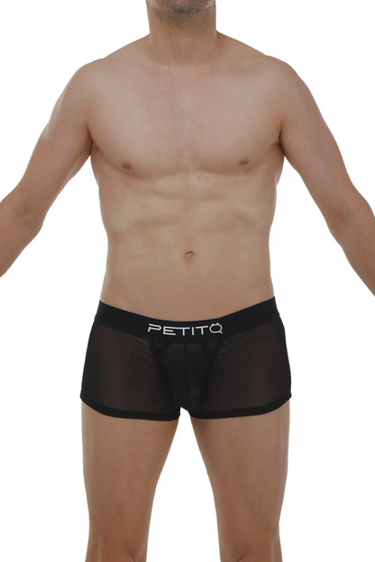 Black sheer mesh briefs boxer petitq net black with solid black waistband featuring petitq logo in white lettering