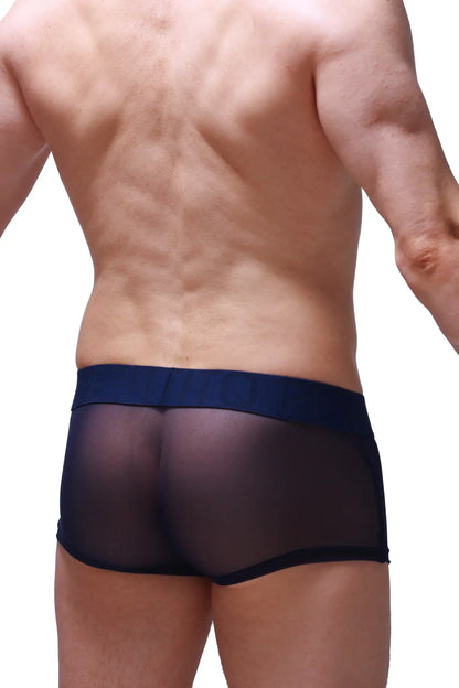 Navy blue sheer mesh boxer briefs with solid waistband from petitq net collection showing front view