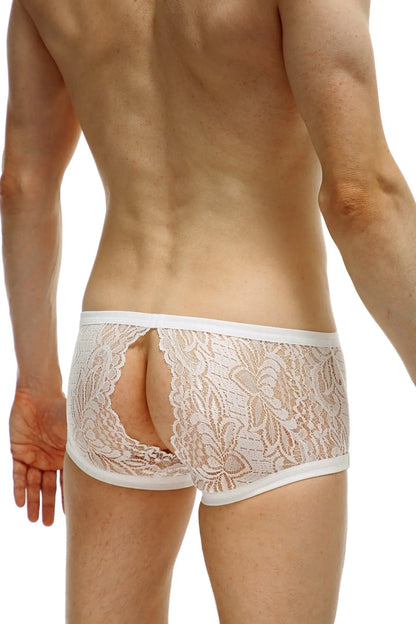 White lace boxer plouhac briefs with floral pattern and white elastic waistband for comfortable wear