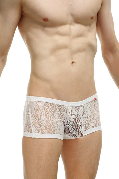 White lace men’s boxer briefs with delicate floral patterns and subtle sheen in plouhac lace white design