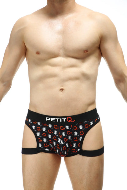 Black petitq men’s briefs boxer poggio millesime with white and red cartoon skull pattern on black fabric