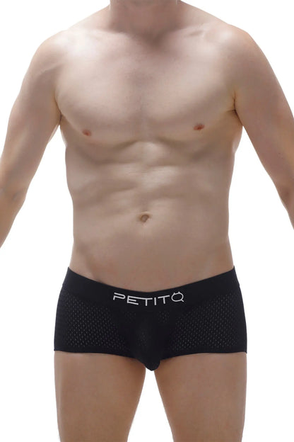 Black mesh boxer briefs with white petitq logo on waistband in boxer porta black style