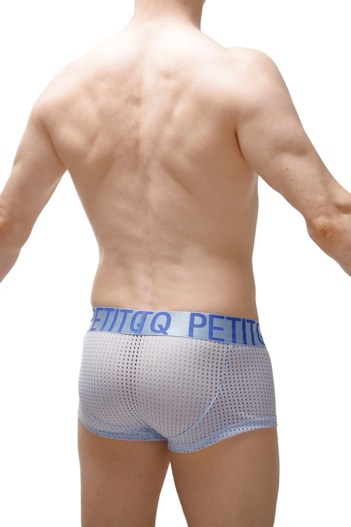 Light blue mesh boxer protruder durtol briefs with matching elastic waistband and bold petitq branding