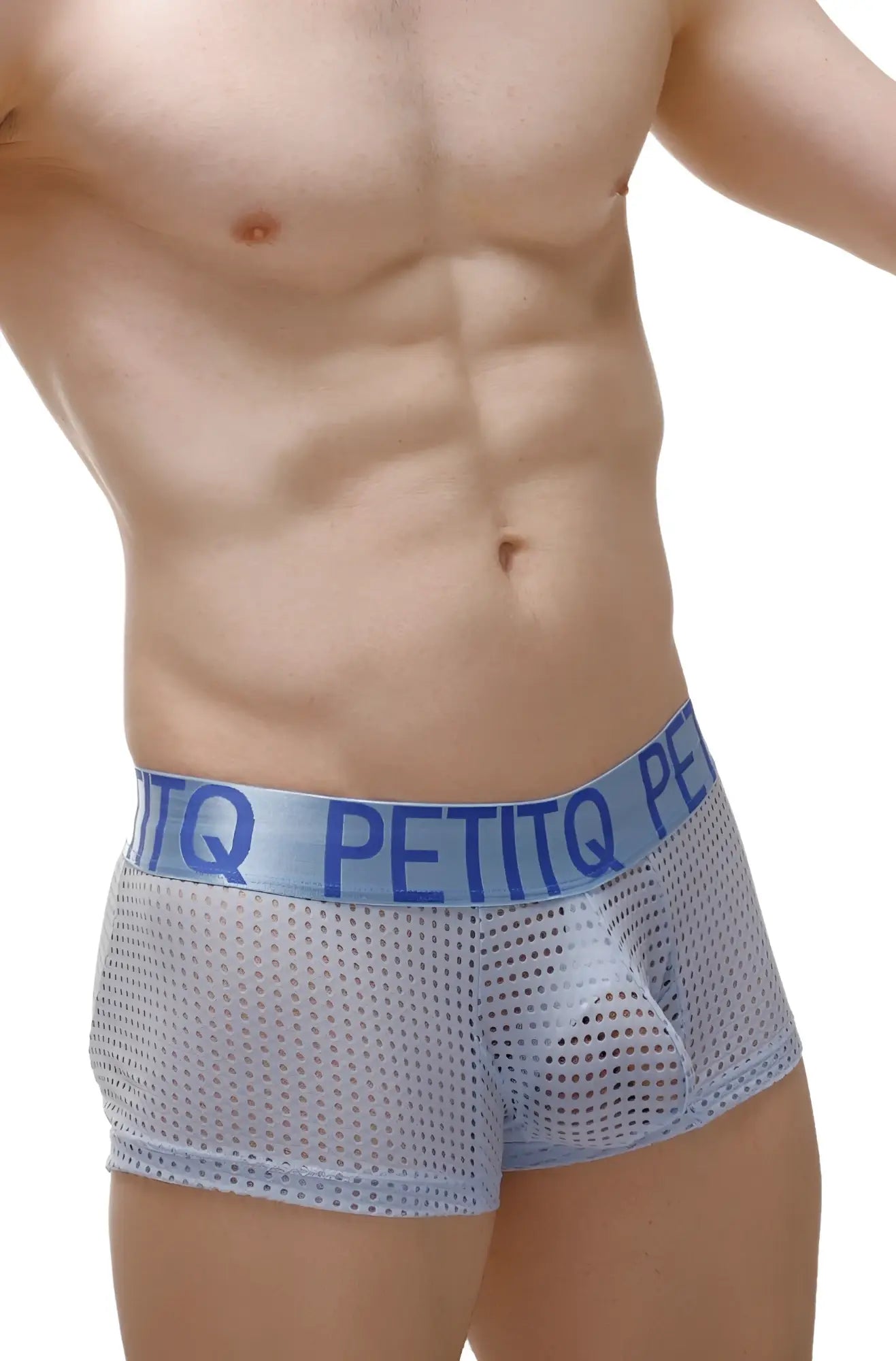 Light blue mesh men’s boxer protruder durtol underwear with matching petitq elastic waistband in bold lettering