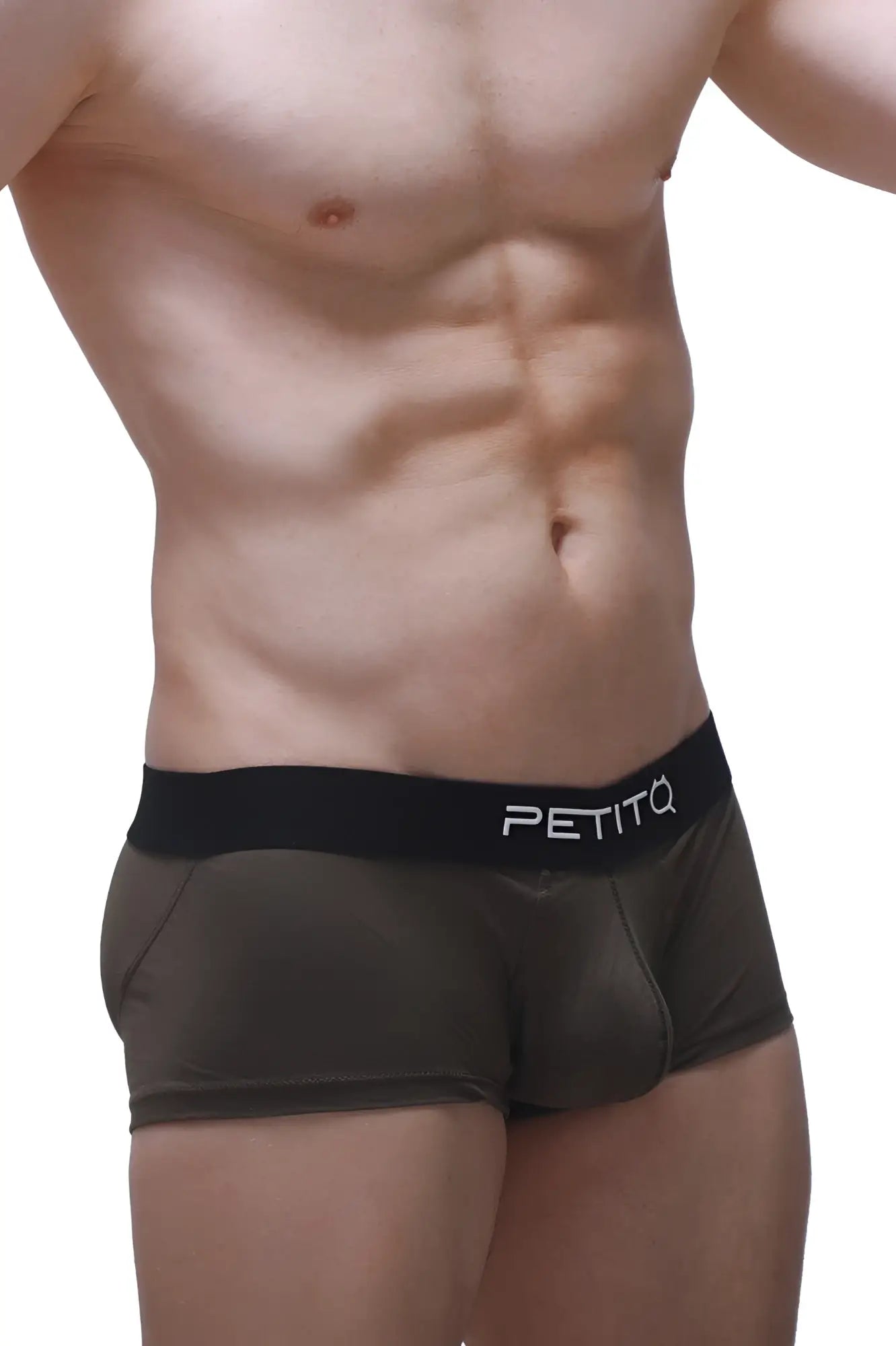 Black petitq boxer push-up camo briefs with a sleek form-fitting design and subtle sheen for enhanced support