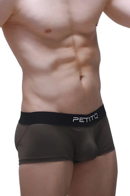 Black petitq boxer push-up camo briefs with a sleek form-fitting design and subtle sheen for enhanced support