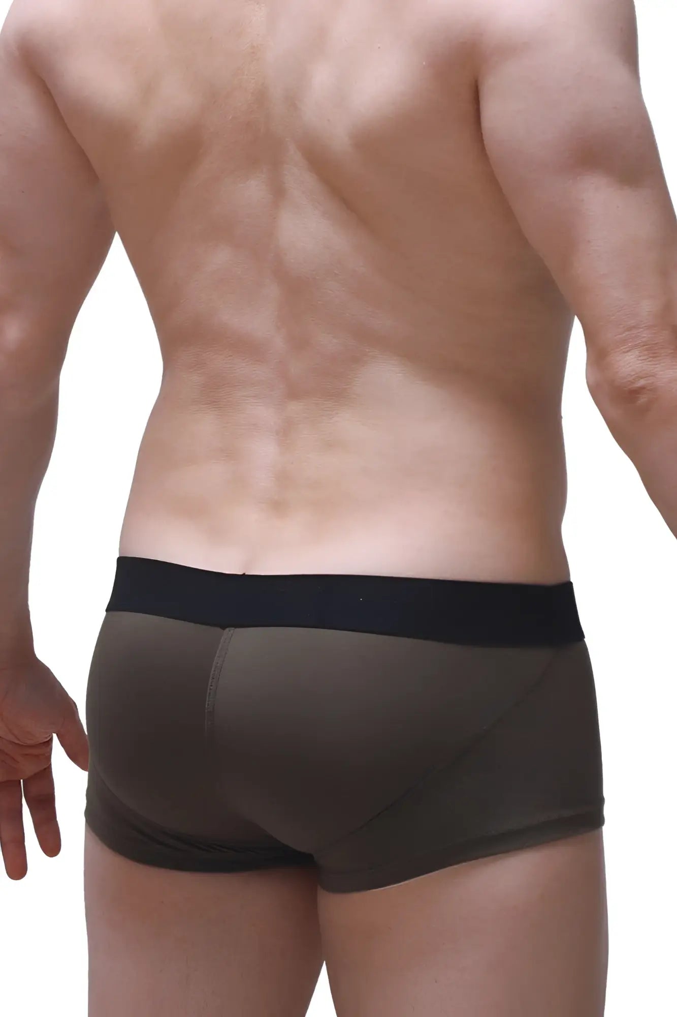Dark olive boxer push-up camo briefs with a contrasting black elastic waistband and comfortable fit