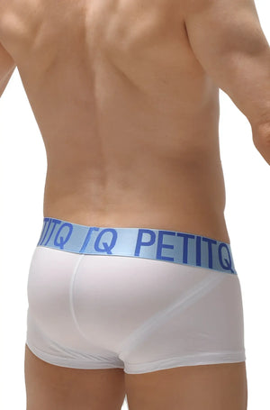 White men’s boxer push-up briefs with light blue elastic waistband and dark blue petitq logo for comfortable support