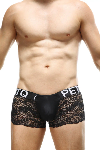 Black lace men’s briefs boxer regny lace black with sheer floral pattern and petq branded solid black waistband