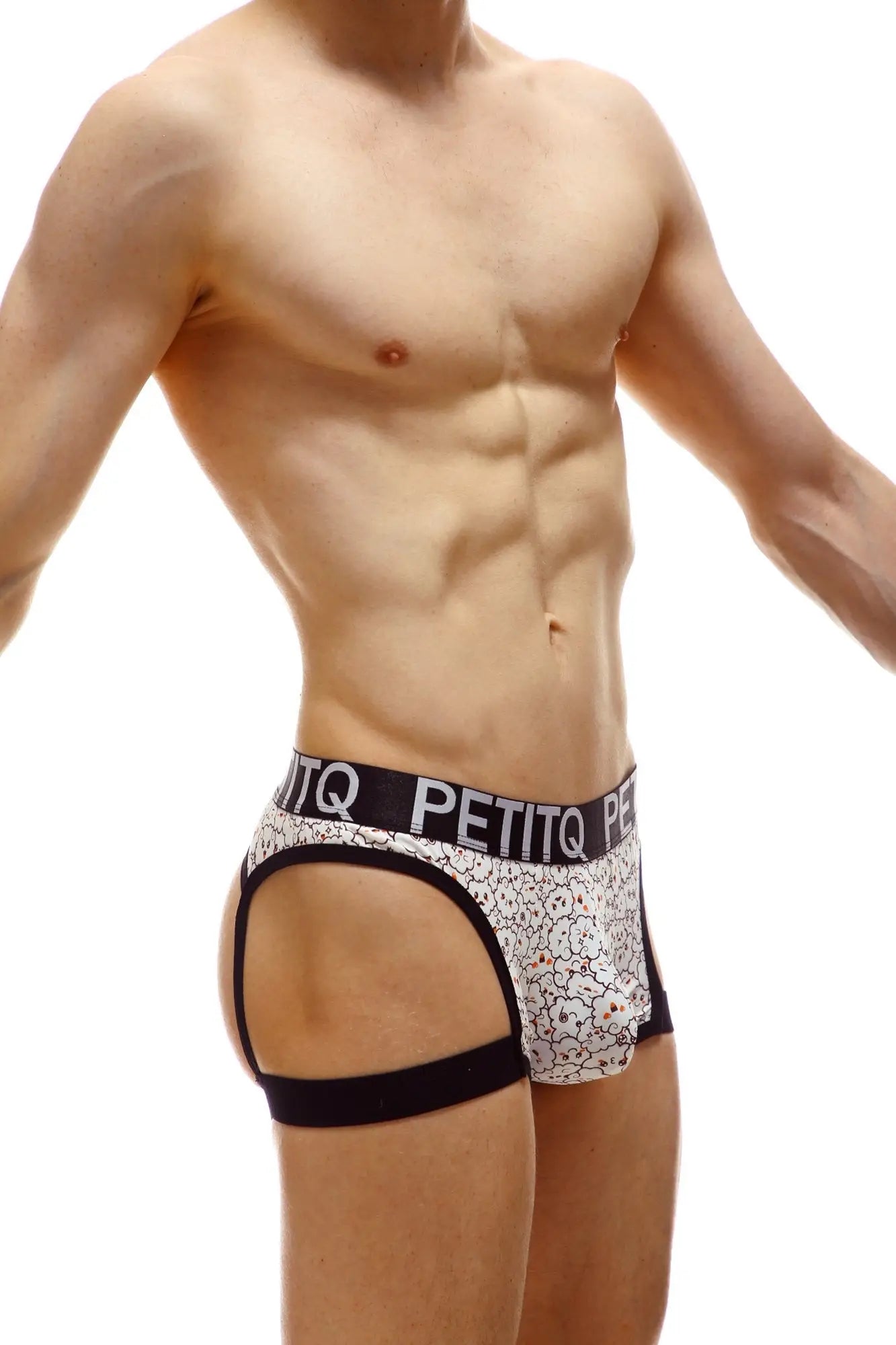 White floral-patterned men’s briefs with black trim and branded waistband boxer renno nuage front view