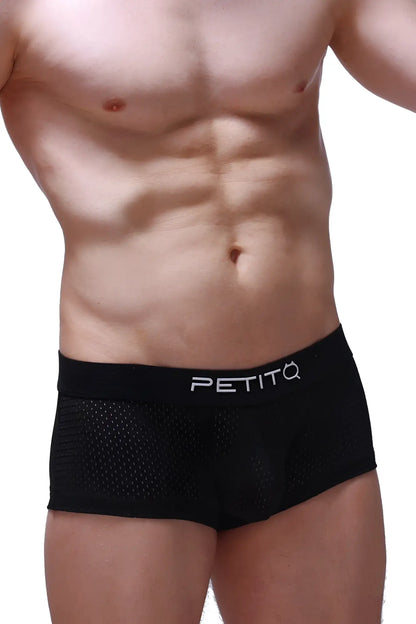 Black mesh briefs boxer reotier bee black with sleek modern design and white petitq logo embroidered on waistband