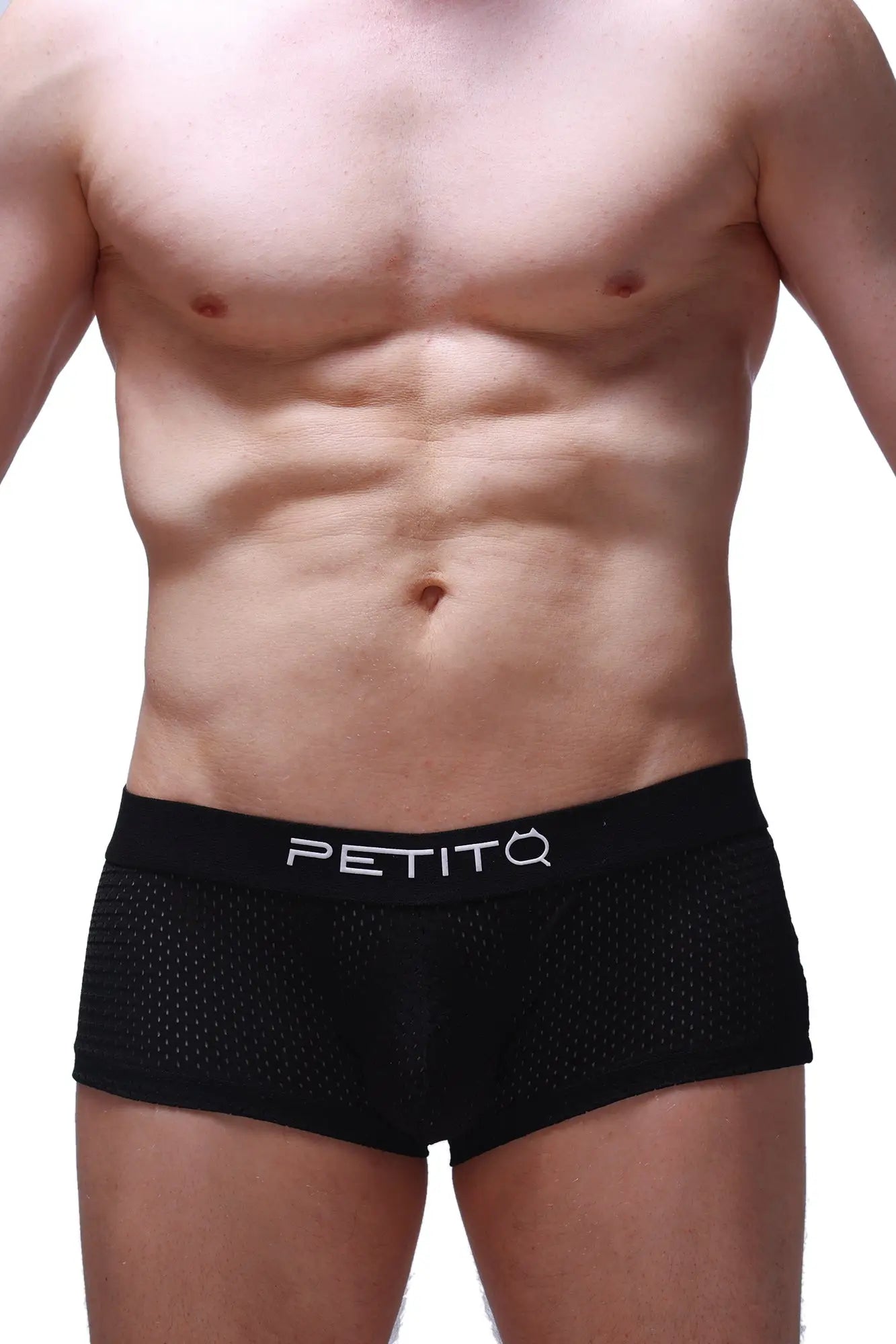 Black mesh boxer briefs with white petitq logo on waistband in reotier bee black style