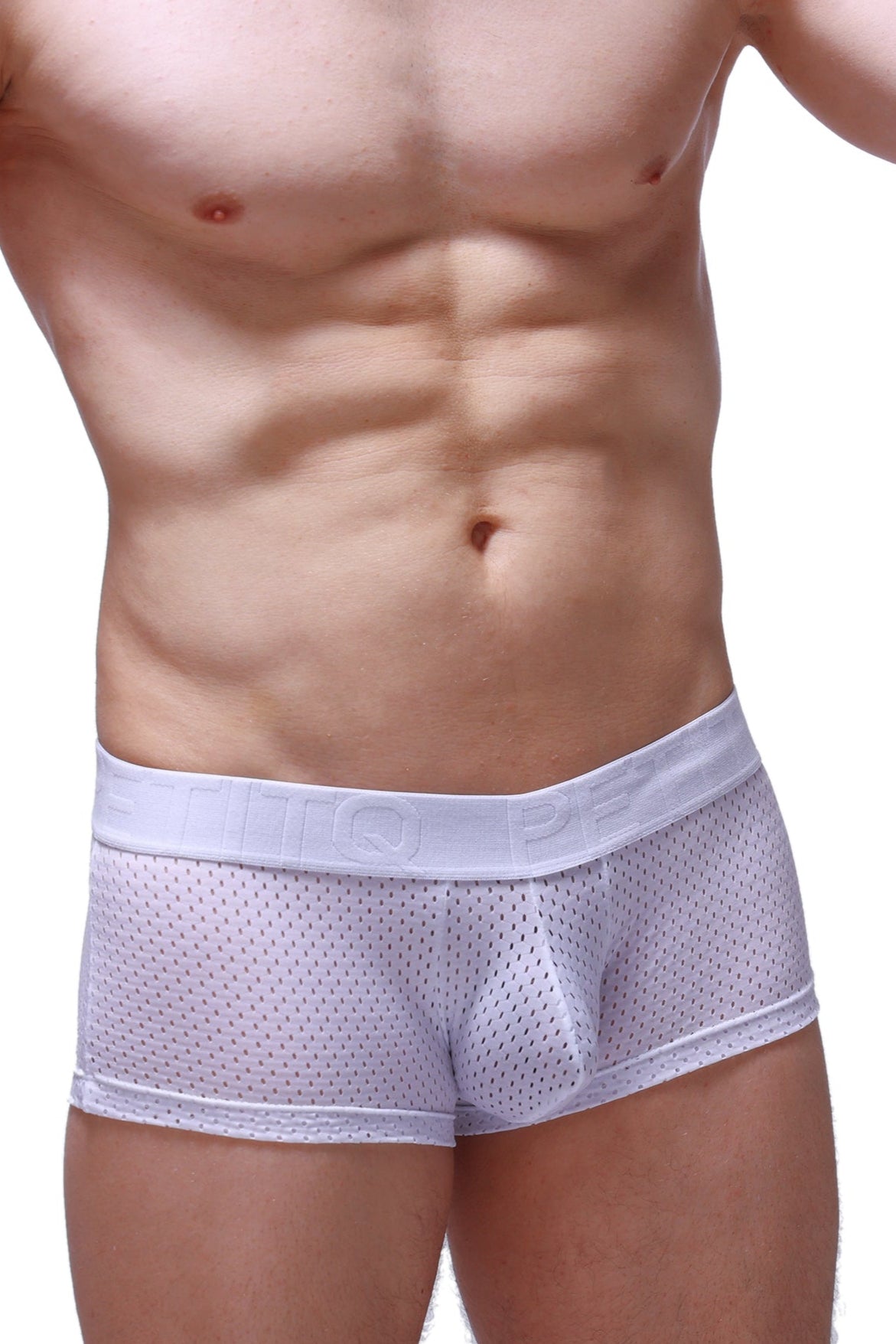 White mesh briefs boxer reotier bee white with solid white elastic waistband featuring embossed lettering
