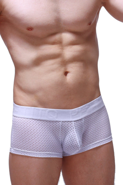 White mesh briefs boxer reotier bee white with solid white elastic waistband featuring embossed lettering
