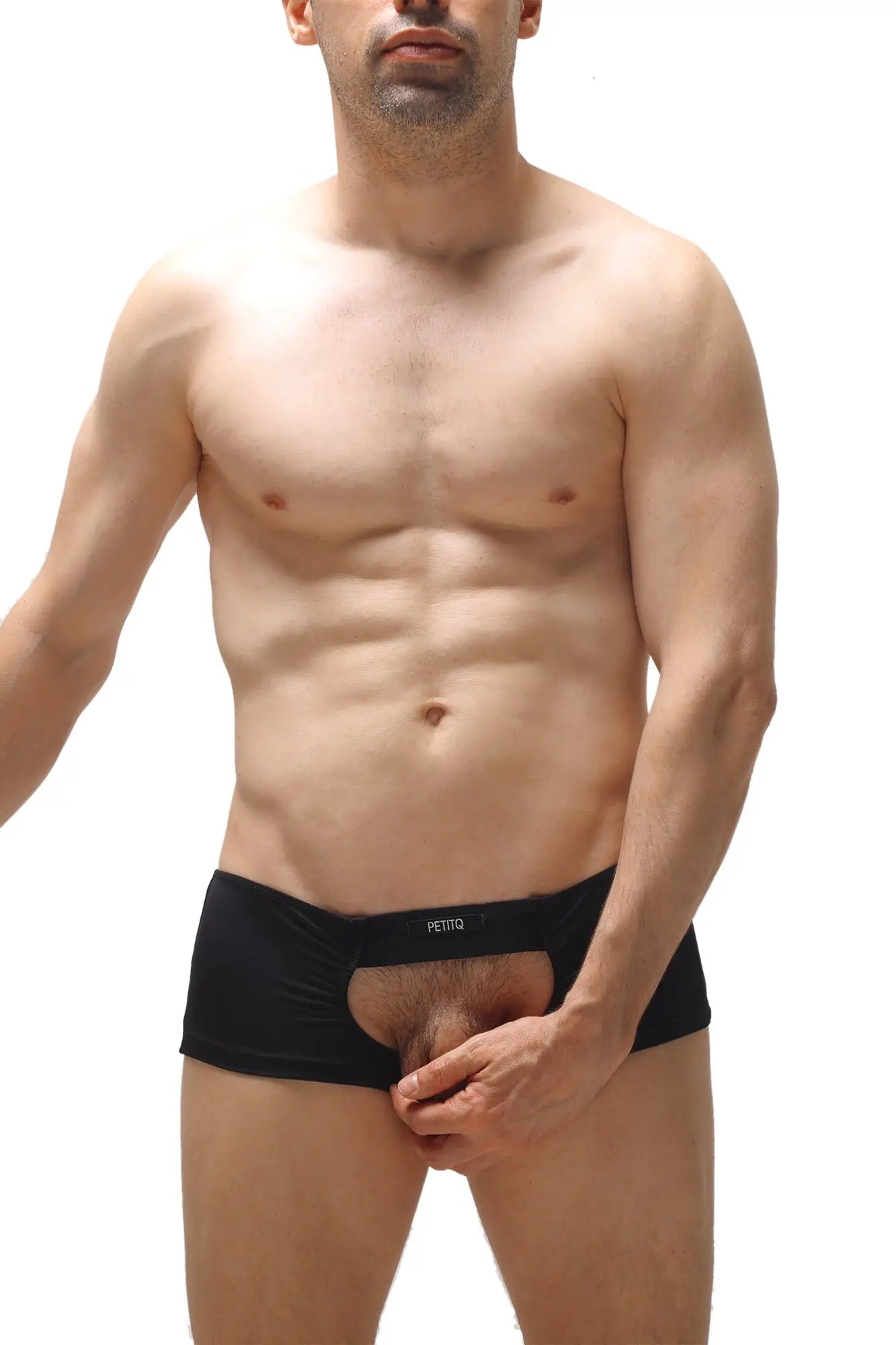 Black men’s boxer sling briefs with central cutout and feitto embroidered waistband in black fabric