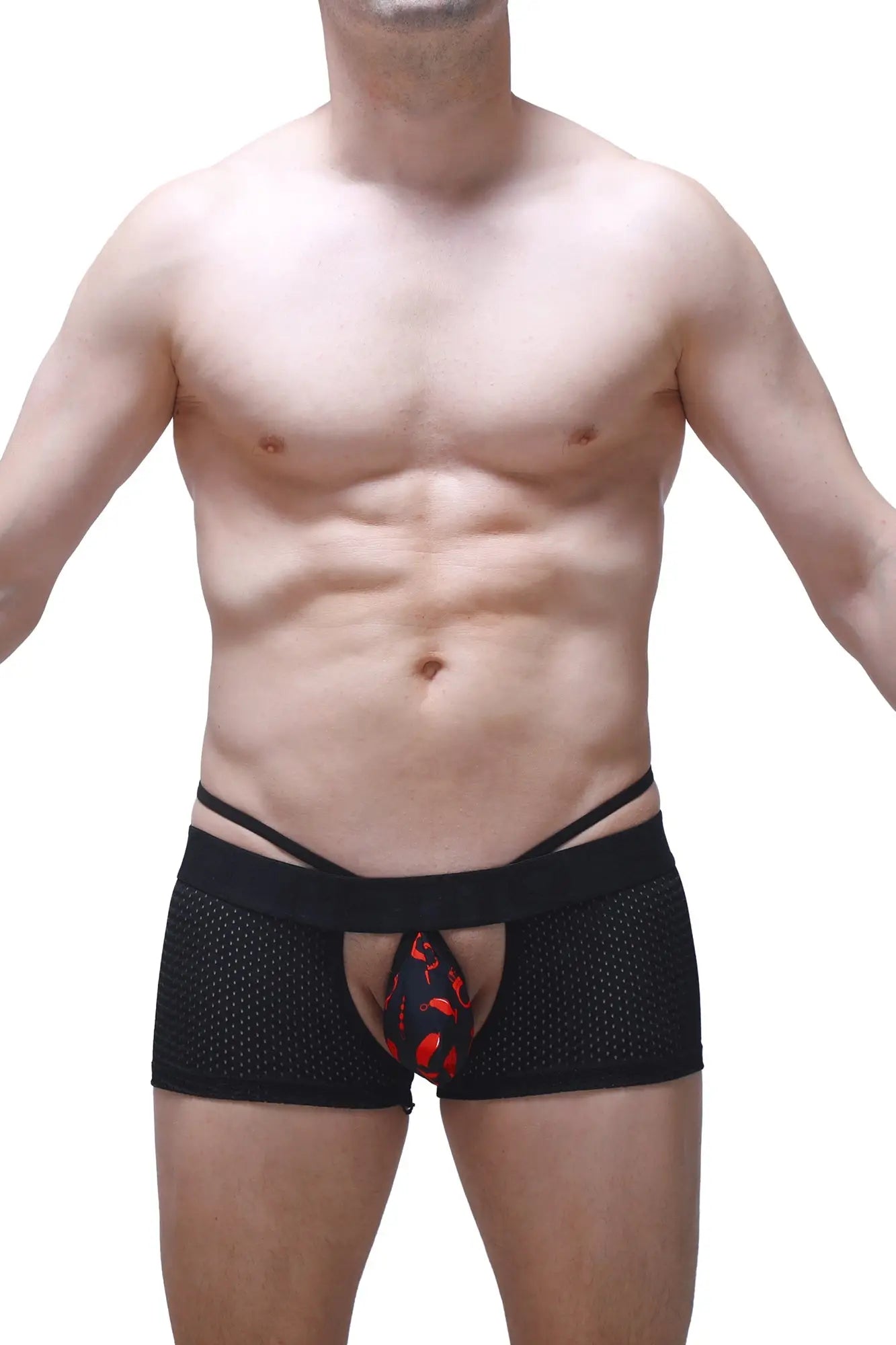 Black mesh boxer sling melin boudoir briefs with red and black patterned pouch for stylish underwear wear
