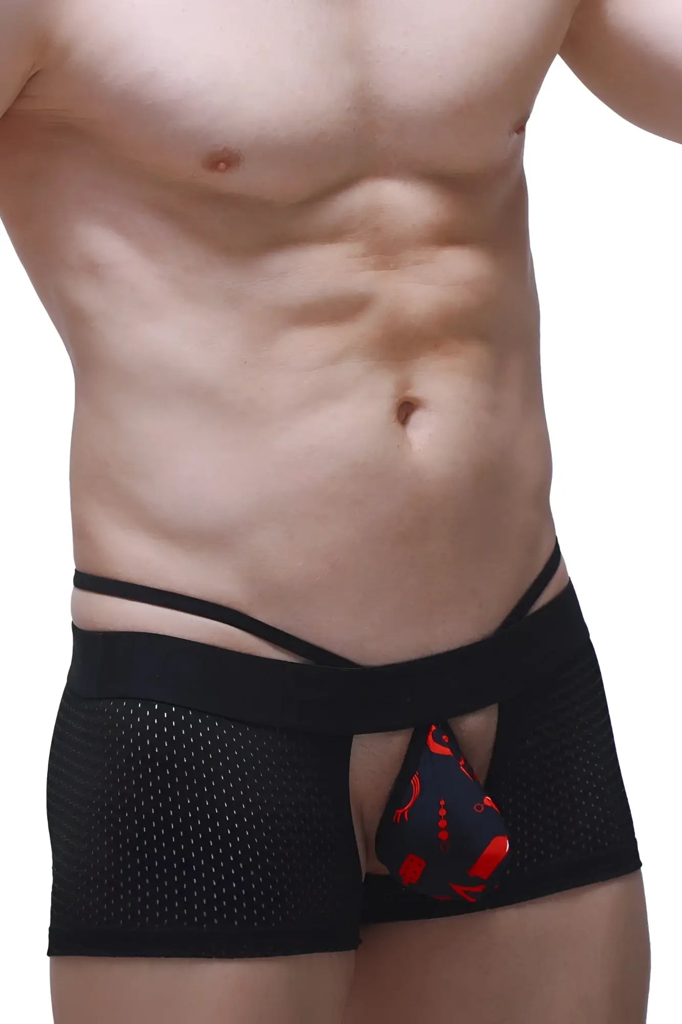Boxer sling melin boudoir black mesh briefs with red and black patterned pouch for stylish comfort