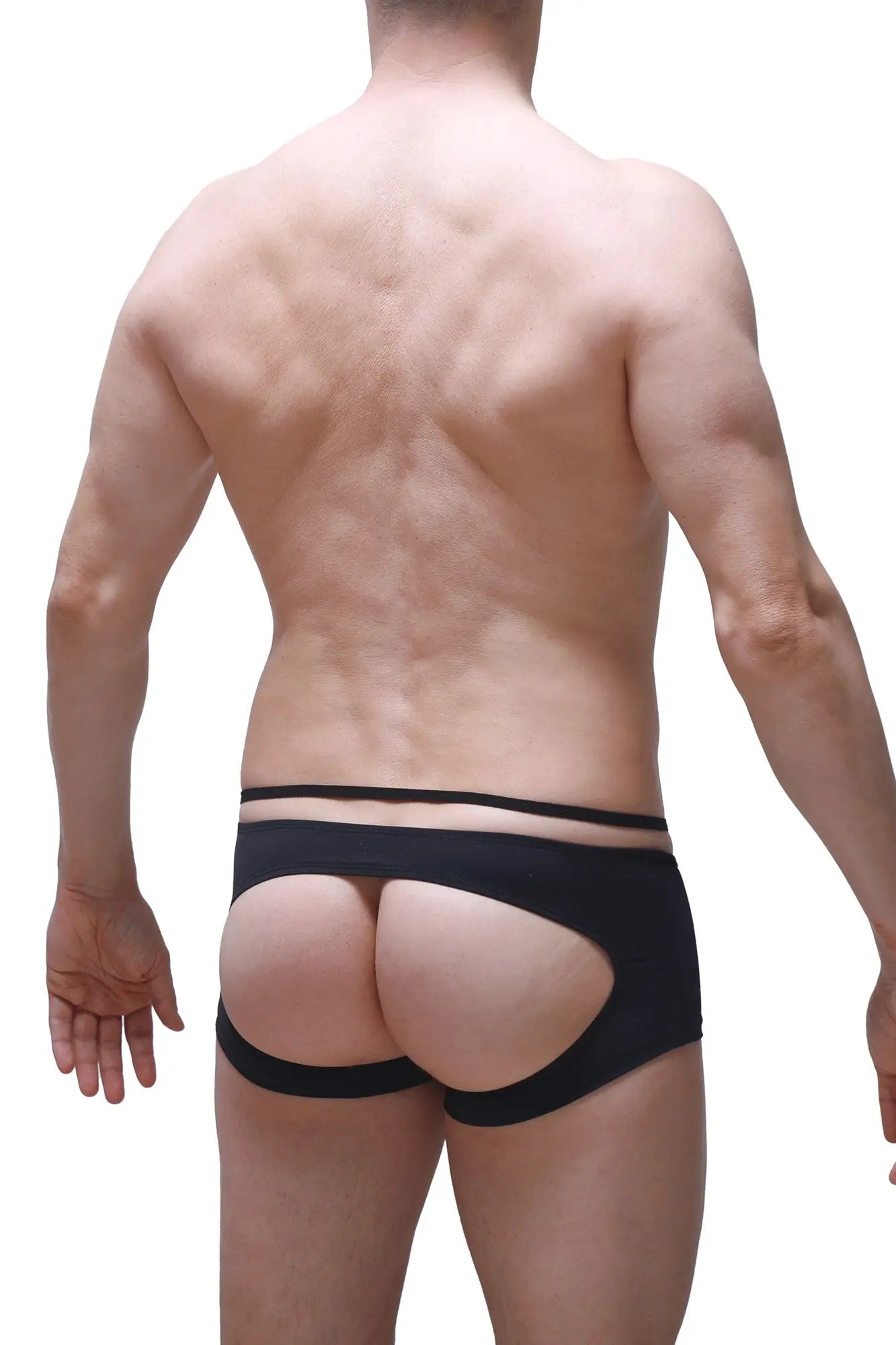 Black boxer sling melin red briefs showing the back side with a distinctive cutout design in form-fitting fabric