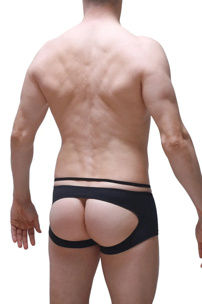 Black boxer sling melin red briefs showing the back side with a distinctive cutout design in form-fitting fabric