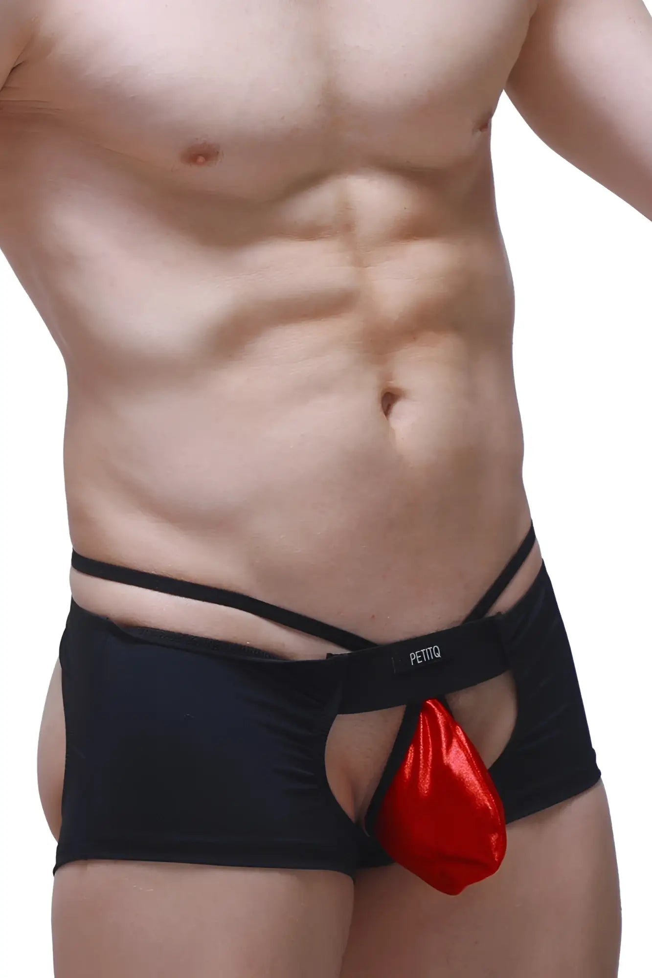 Black petito men’s briefs boxer sling melin red with shiny red pouch detail in front view