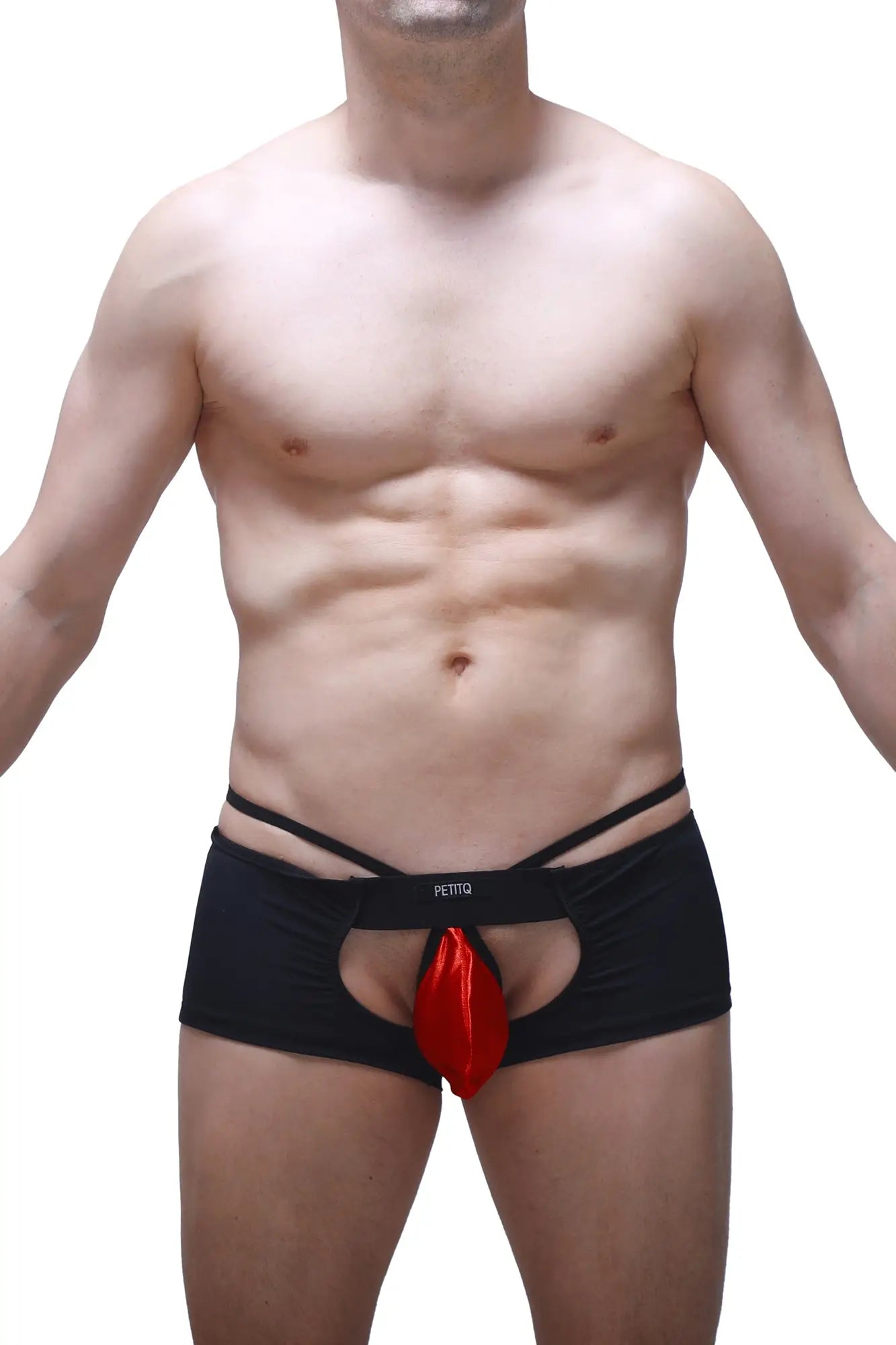 Black boxer sling briefs with red satin pouch and petitq branded waistband in melin red design