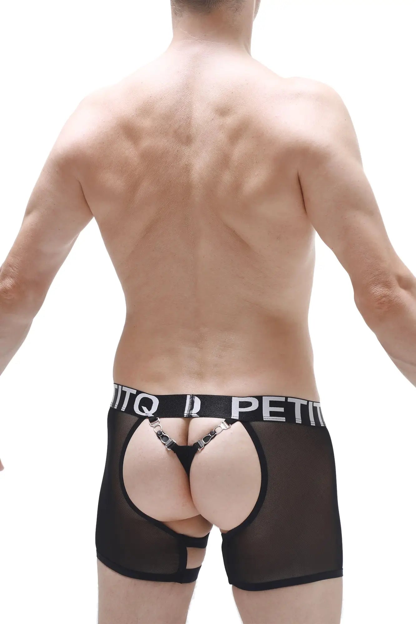 Black sheer mesh boxer string garter angy briefs with white logo waistband and silver chain detailing at the back