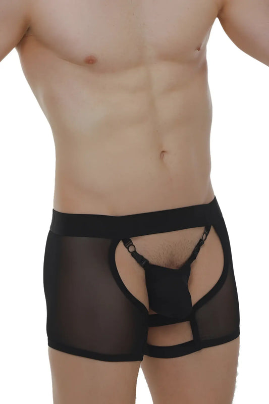 Black sheer mesh boxer string garter briefs with solid front panel and adjustable straps in black