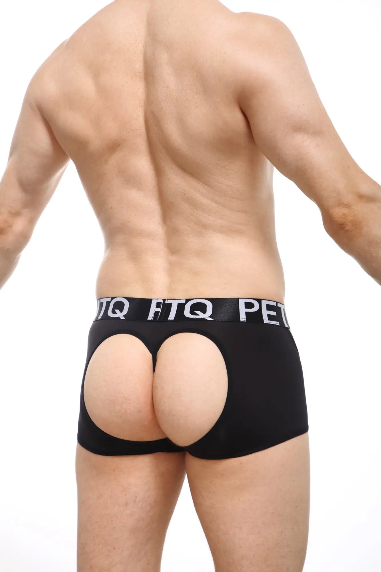 Black briefs boxer string mecrin with cutout back design and elastic waistband featuring white lettering