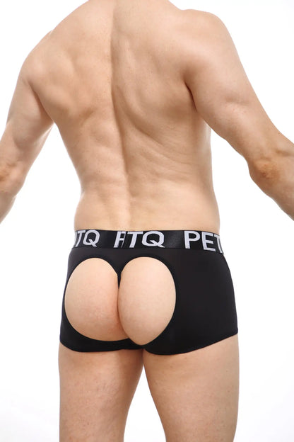 Black briefs boxer string mecrin with cutout back design and elastic waistband featuring white lettering