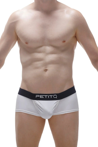White petitq boxer briefs with black logo waistband made from econyl material in white color