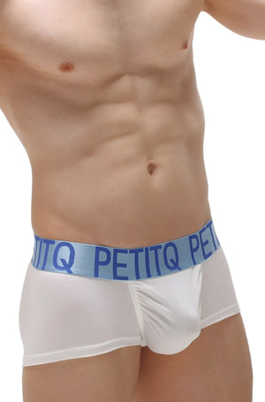 White men’s boxer briefs taik modal with light blue elastic waistband featuring petitq branding in dark blue lettering