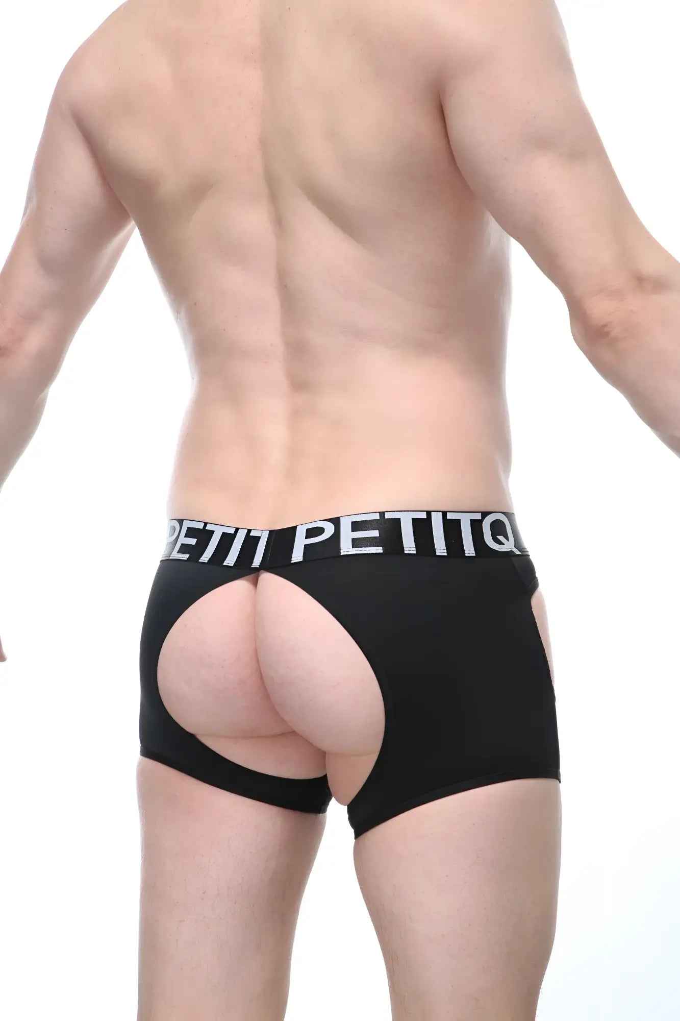 Black petitq boxer veyar briefs with distinctive cutout design and white lettering on waistband front view