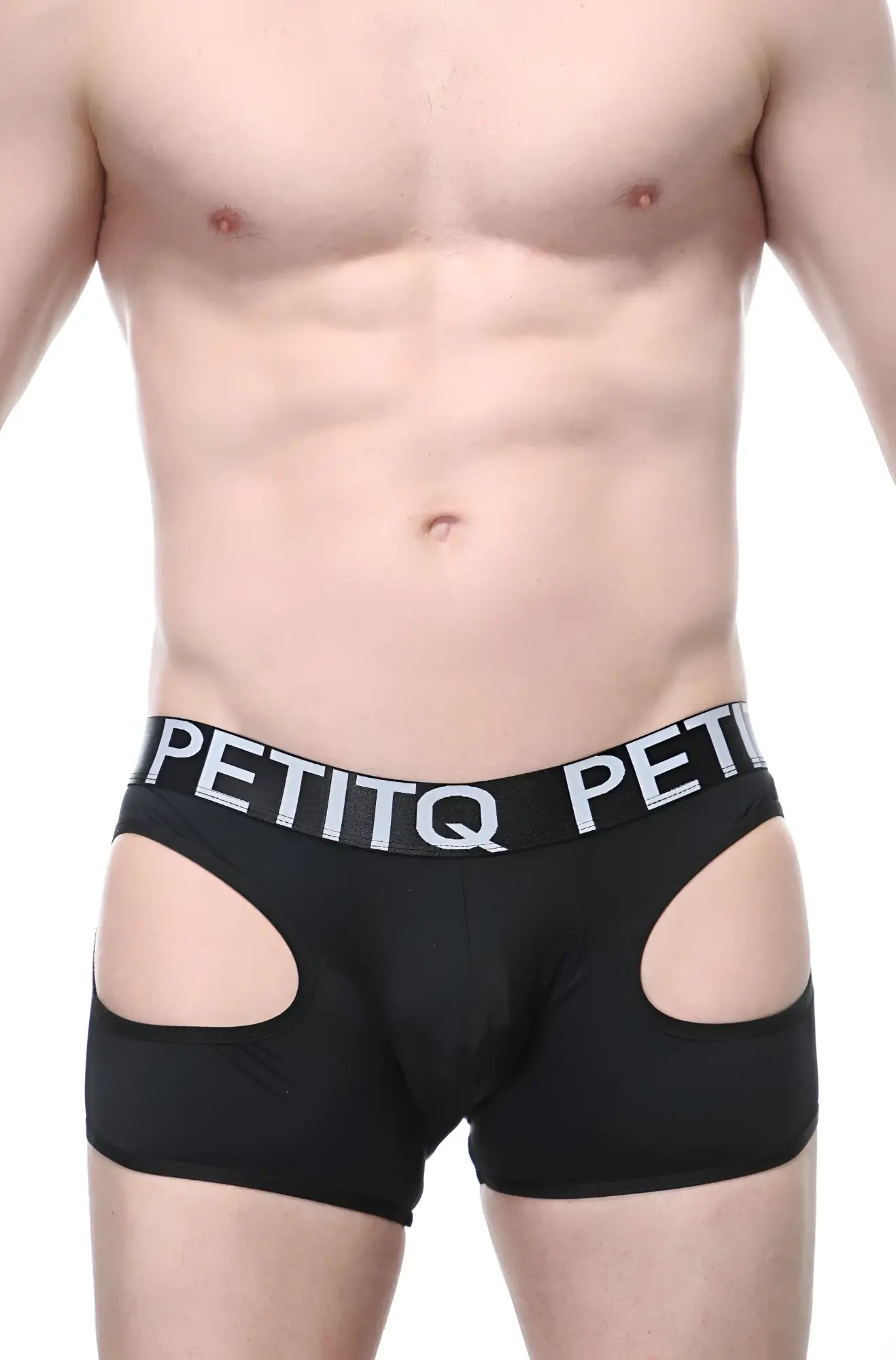 Black petitq men’s boxer veyar briefs with white logo band and side cutouts made from soft fabric