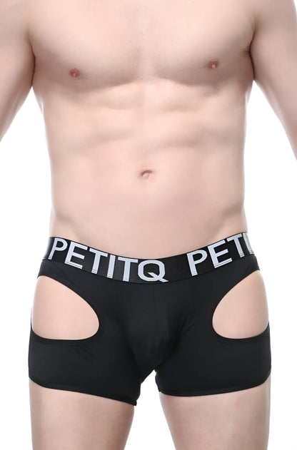 Black petitq men’s boxer veyar briefs with white logo band and side cutouts made from soft fabric