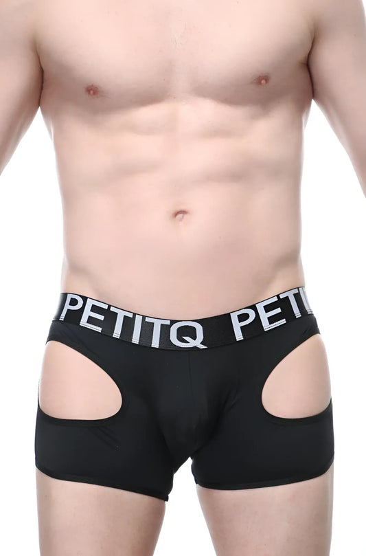 Black petitq men’s boxer veyar briefs with white logo band and side cutouts made from soft fabric